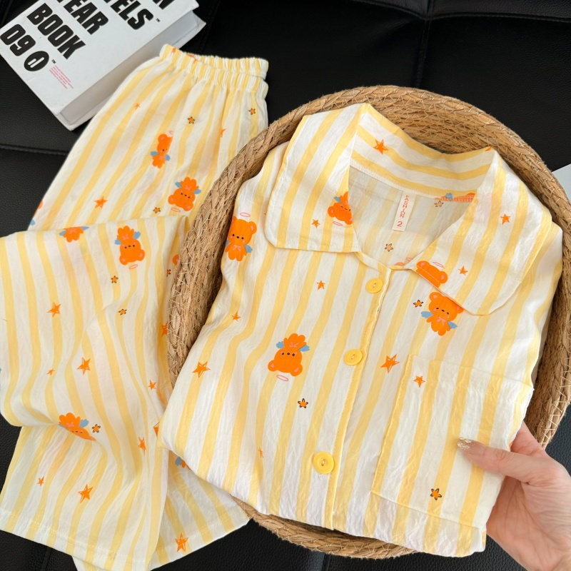 Transfronterizo al por mayor lindos rayas amarillas osos impresión pijamas de primavera y otoño nuevos pantalones de mangas largas set de ropa para el hogar