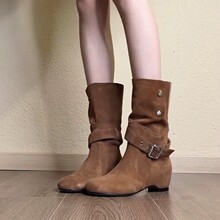 软皮版~新款时髦小众设计感内增高西部靴女皮带扣两穿软皮短靴