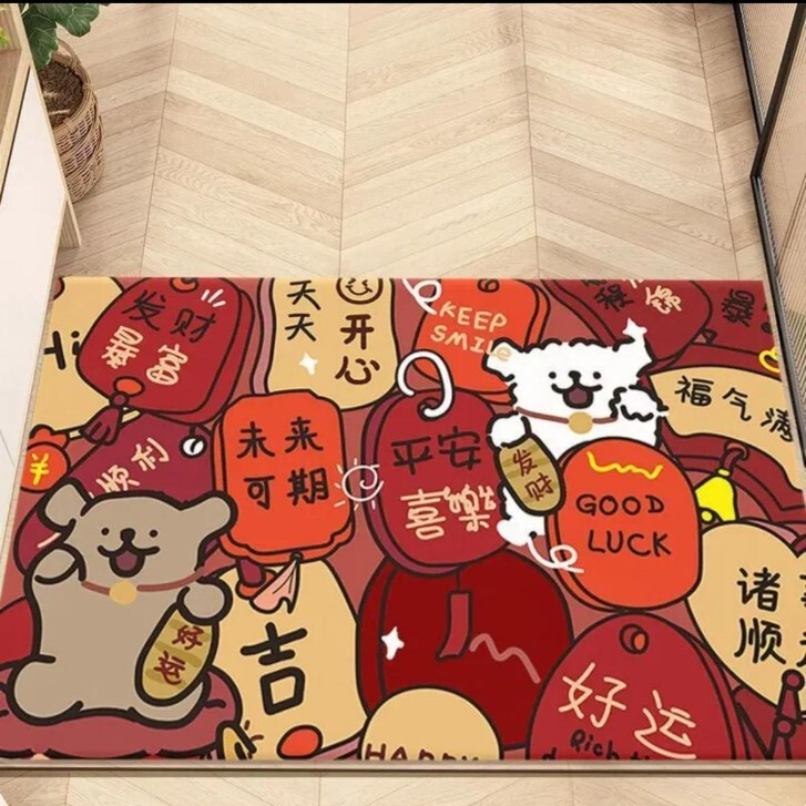 Cartoon Line Puppy Crystal Velvet Floor Mat New Year and Spring Festival Entrance Door Mat Kitchen Coffee Table Non-Slip Wear-Resistant Foot Mat