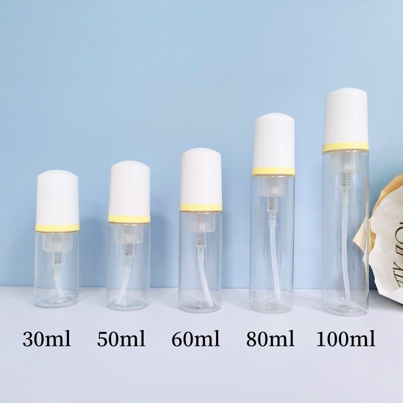 30 dientes PET mousse transparente botella 30ml100ml limpiador facial espuma botella champú espuma botella de pie en stock