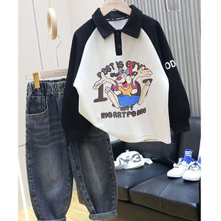 College Style Polo Collar Men's and Women's Medium and Large Children's Sweatshirts Spring & Fall Korean Style Cartoon Loose Contrasting Raglan Sleeves Western Style Tops