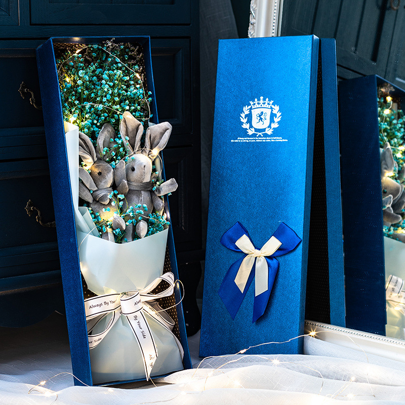 베스트셀러 블루 소원 토끼 48cm 선물 상자-꽃다발+선물 상자+LED 조명