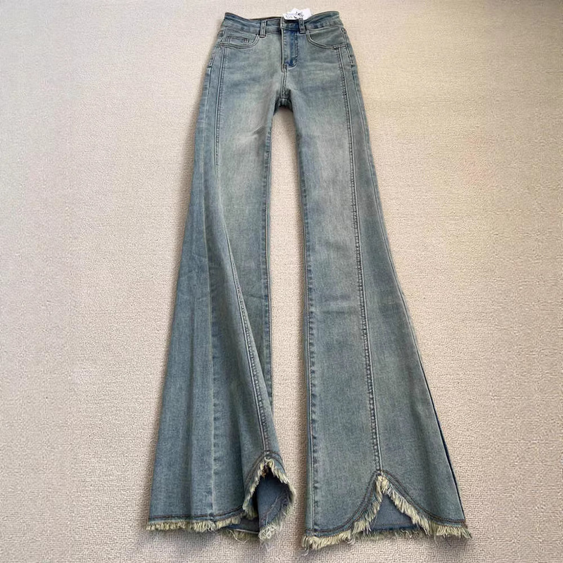 Light Blue Flared Jeans for Women, Plus Size, High-Waisted, Slimming, Split Straight-Leg Pants, Extra-Long for Tall Women, Trendy