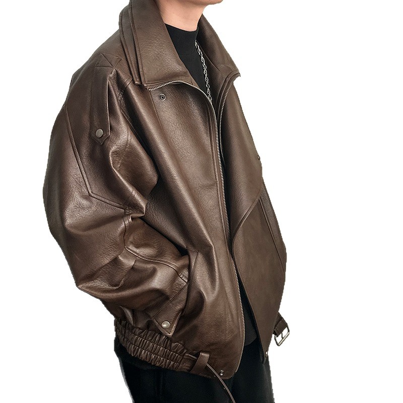 Men's Leather Jacket With Shoulder Pads And Lapel High-end Style_voghion.com