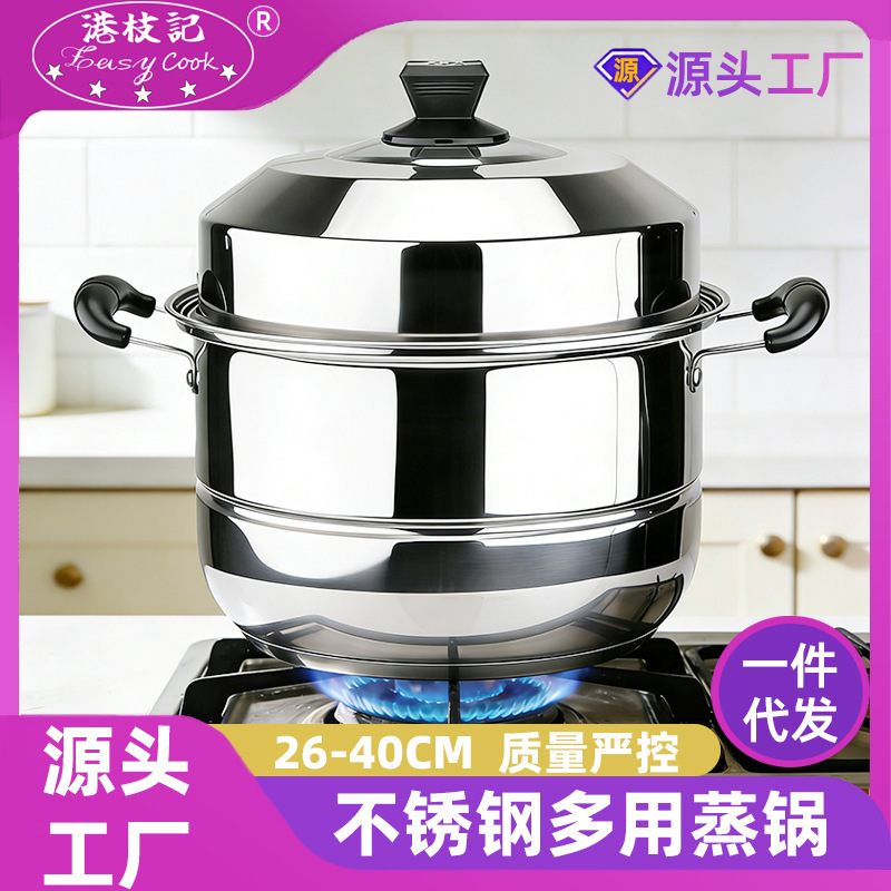Thickened Double-Layer Stainless Steel Steamer Pot for Home Use, Two-Layer Steamer for Buns and Fish, Large Commercial Soup Pot, Suitable for Induction Cooker and Gas Stove