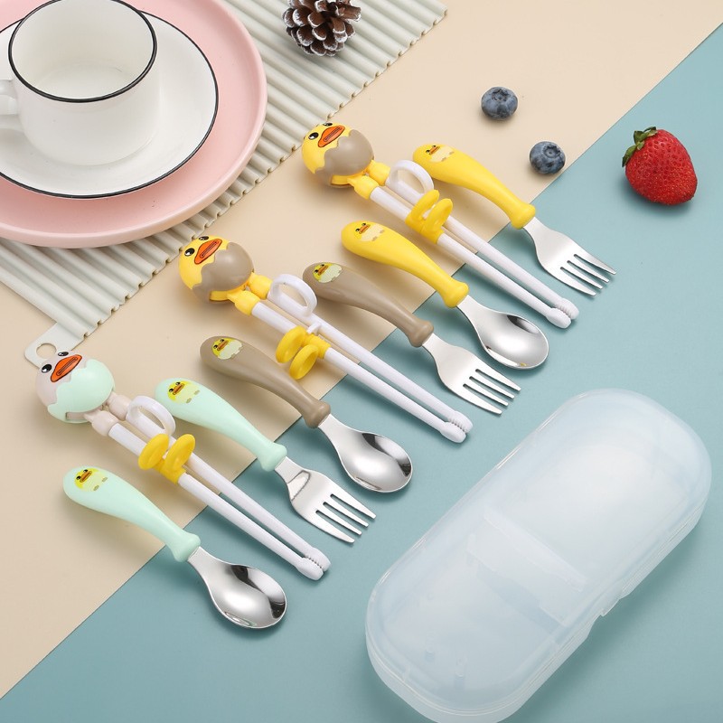 304 Stainless Steel Eating Food Supplement Baby Kidsren's Tableware Creative Cute Cartoon Practice Chopsticks Kidsren's Fork and Spoon Set