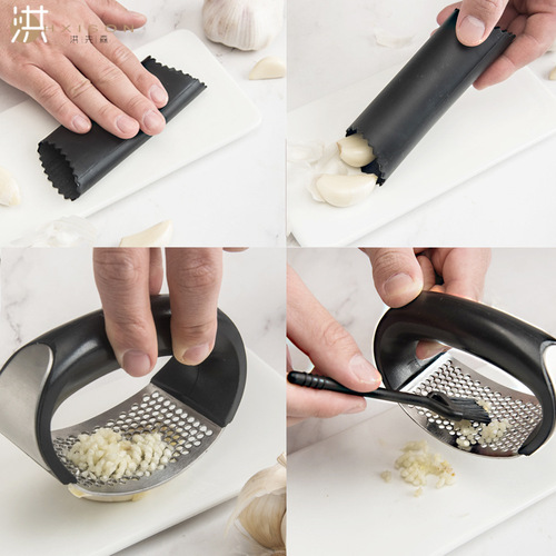 Cross-border circular garlic press 304 stainless steel garlic pounder 3-piece set garlic press manual silicone garlic peeler