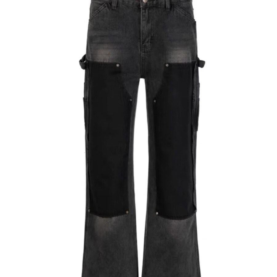 Men's Clothing High street washed distressed patchwork lumberjack jeans for men Retro fashion trend ink splashed print wide leg trousers_voghion.com