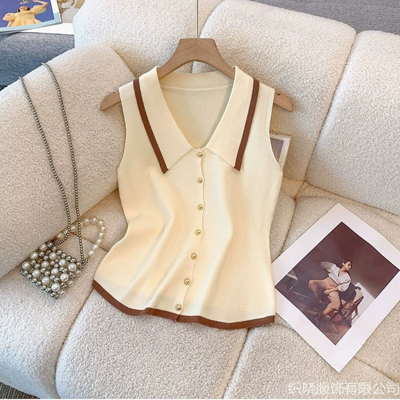 Летнее чувство высокого уровня без рукавов Французский трикотажный жилет с отворотом