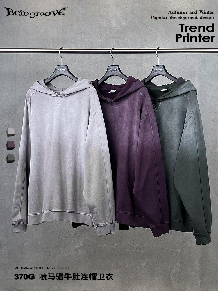 Calle secada| 2025 otoño marca de moda americana en la industria pesada lavado con agua pulverizado de caballo cortado gradualmente sudadera con capuz para hombre