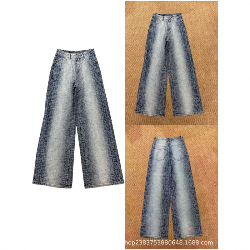 In-stock women's straight-leg jeans with crocodile pattern and rhinestones, high-end gradient fashion pants, versatile wide-leg trousers