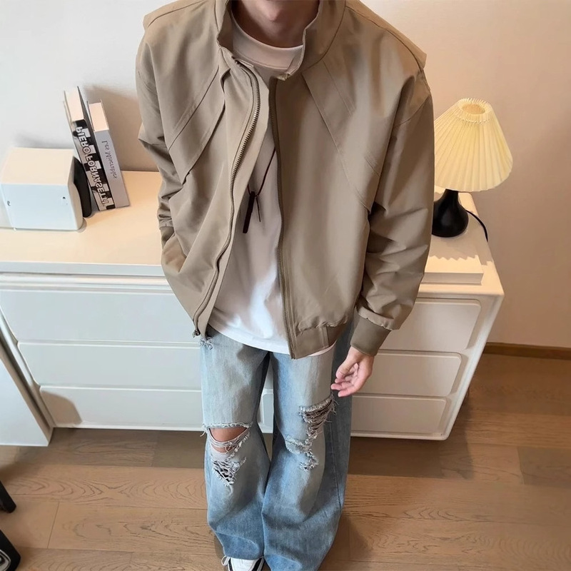 American-Style Deconstructed Patchwork Short Jacket for Men, Autumn Trendy Bomber Pilot Jacket, Outdoor Three-Proof Windbreaker