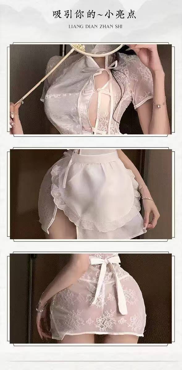 Maid Roleplay Costume Set with Apron and Black Butterfly Stockings, One Size — detail image 3