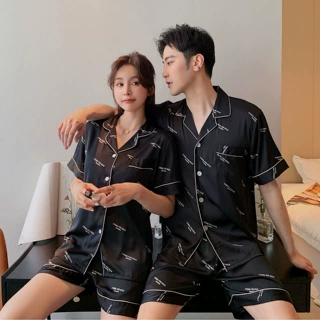 情侣冰雪丝睡衣女夏春秋套装短裤家居服男女士开衫透气凉爽