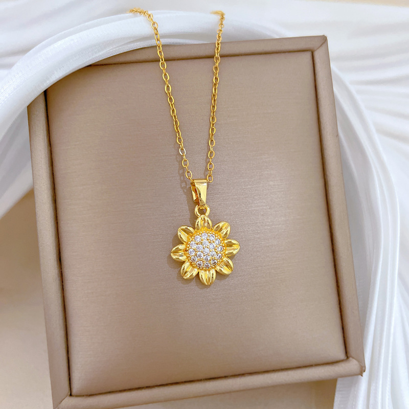 Wunderschöne Sonnenblumenhalskette Mit Strass Aus Titanstahl_voghion.com