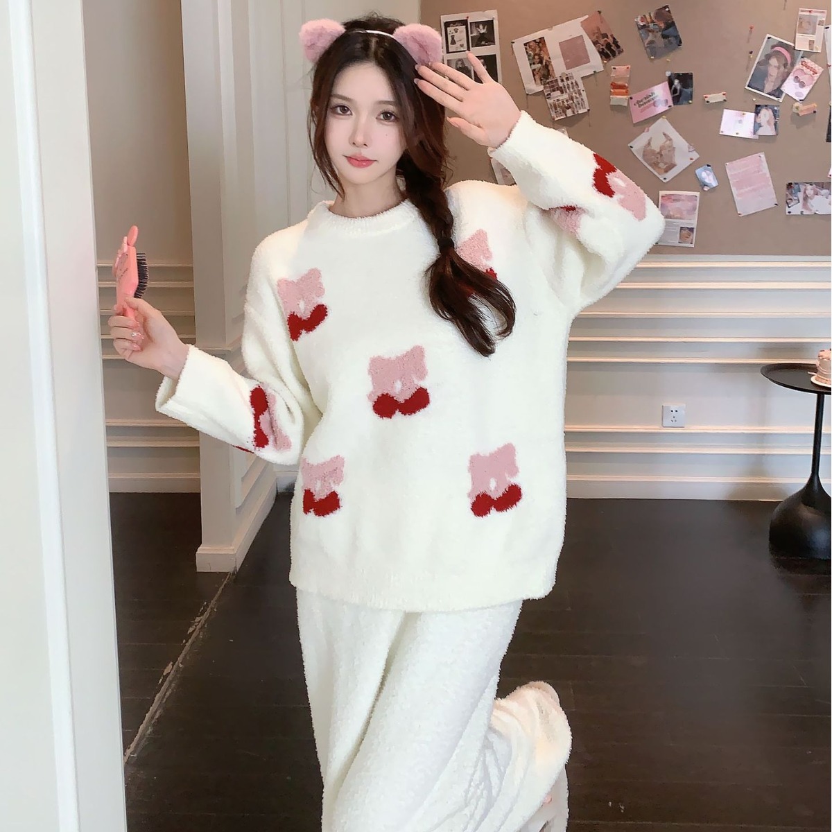 하프 벨벳 파자마 여성의 겨울 두꺼운 기모 따뜻한 연인 프리미엄 홈 옷 세트 크루 넥 가리 스타일 잠옷