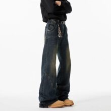 解构拼接微喇牛仔裤男春秋宽松直筒裤子潮牌美式水洗做旧阔腿长裤