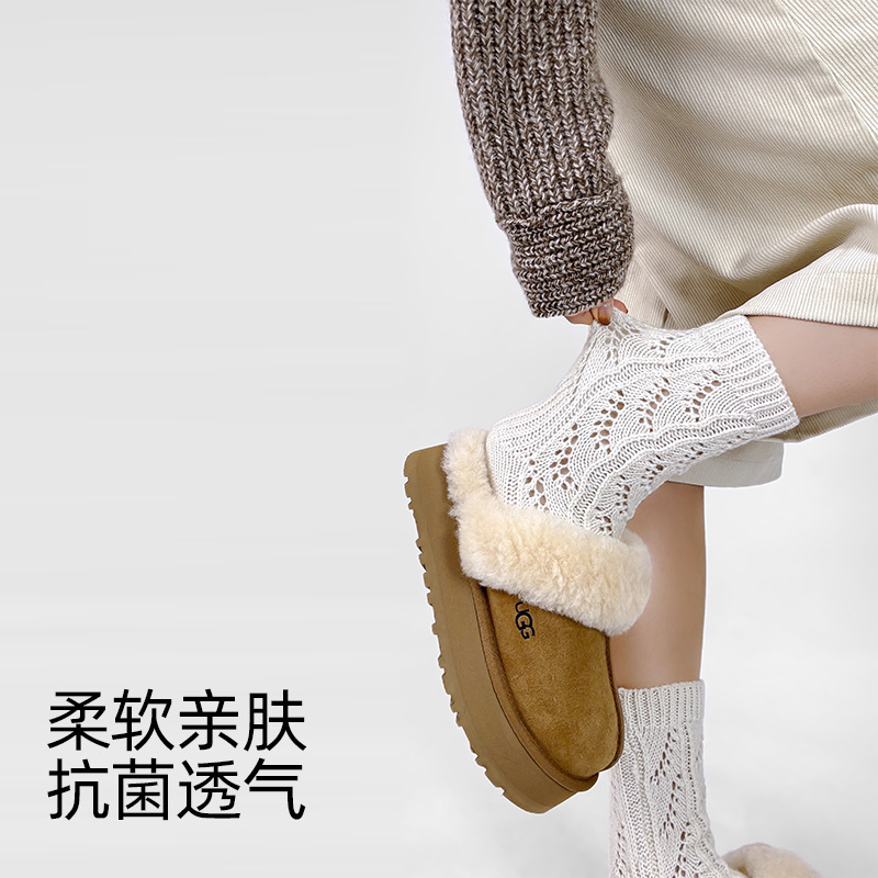 日系粗线羊毛袜秋冬时髦镂空花纹针织袜洋气配雪地靴保暖羊绒袜|undefined