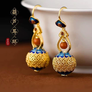 正宗葫芦耳环S925纯银女镂空古法金耳坠耳饰烧蓝珐琅香囊圆球盒藏