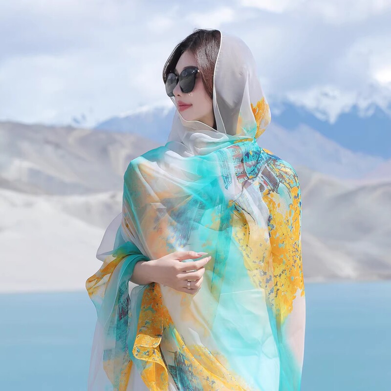 Silk Scarf for Women, Fashionable and Stylish, Mom-Style Scarf, Oversized Sunshade Beach Towel, Summer Thin Versatile Sun Protection Long Shawl