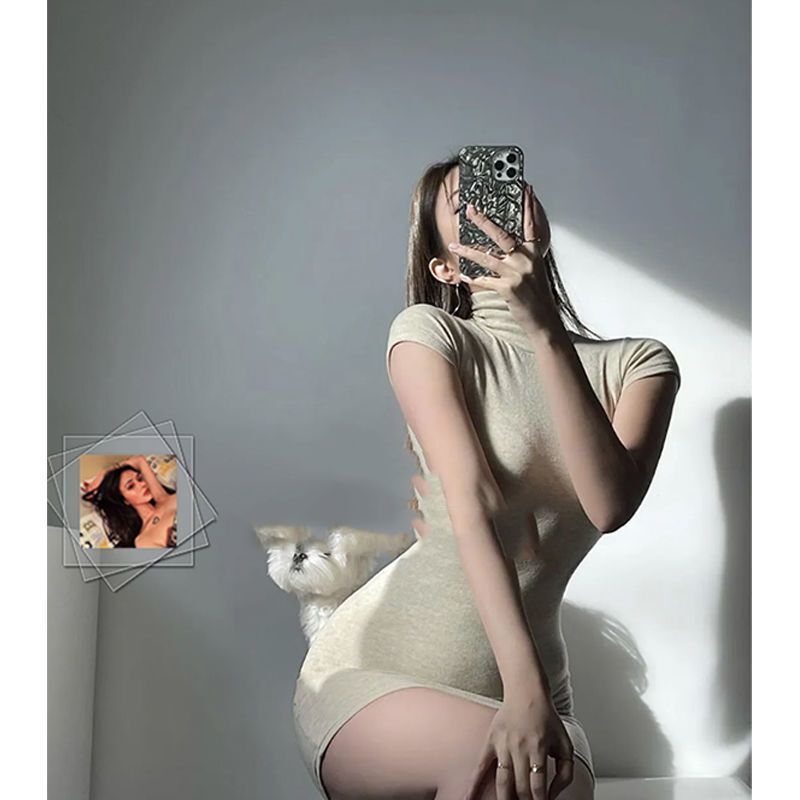 Yujie Sexy S-line Bump Rear Upturned High Neck Chest-revealing Short Sleeve Tight Thai Hip dress Summer Base Dress