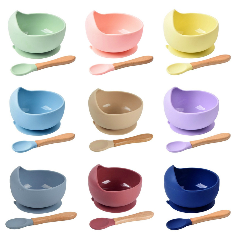 Cross-Border Baby Food Supplement Bowl, Baby Anti-Fall Silicone Suction Cup Bowl, Training Bowl and Spoon Set, Heat Transfer Silicone Bowl Wholesale
