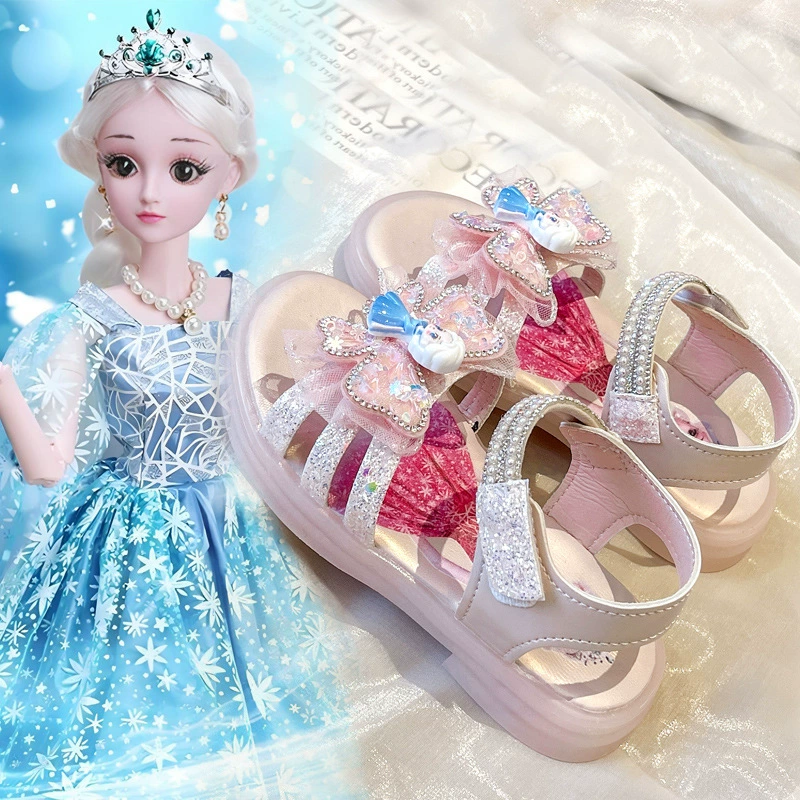 Детские босоножки Эльзы, лето 2025, новые пляжные туфли с кристаллами для девочек, босоножки с блестками для малышек