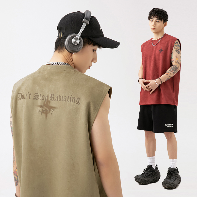 Suede Thin Sports Vest Men's 2025 Summer New Sleeveless T-Shirt American Letter Print Casual Waistcoat Q