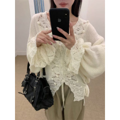 誉一新款2025秋季慵懒风钩花镂空针织衫女宽松系绳毛衣开衫c1820