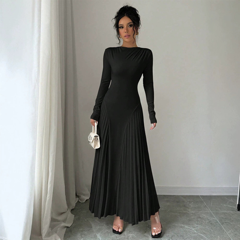 Amazon cross-border foreign trade new long sleeve knitted dress pleated dress elegant