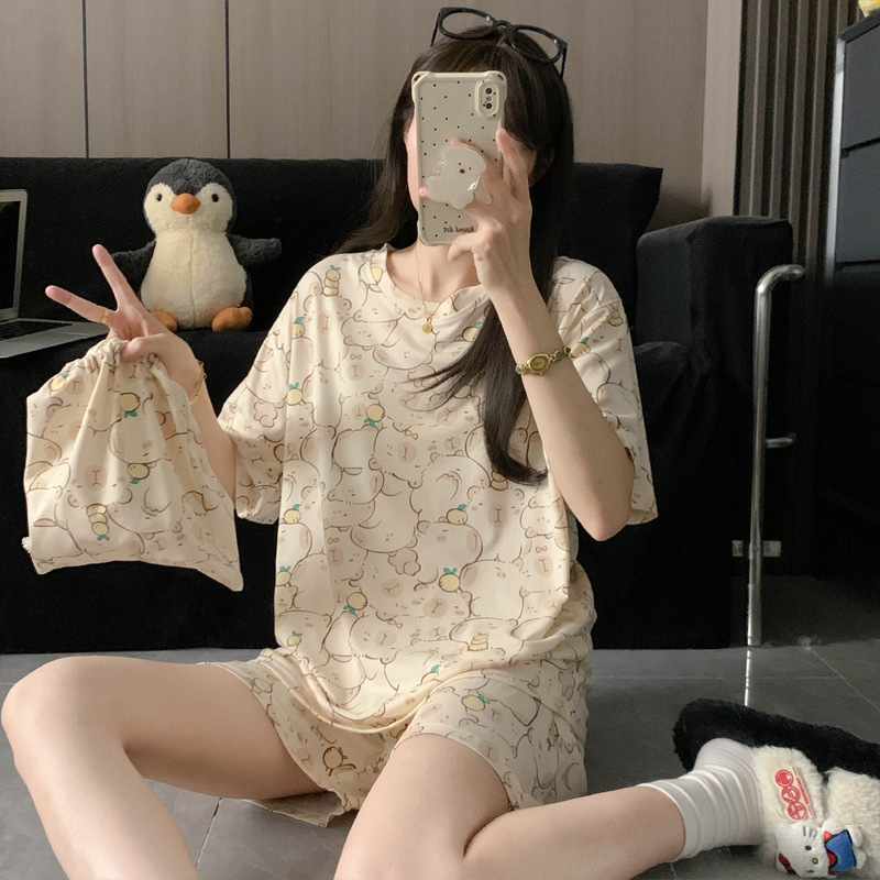 Kapibala Cartoon Pajamas Women's Short-Sleeved Shorts Pullover Sweet and Cute Imitation Cotton Home Clothes Suit Students Cross-Border