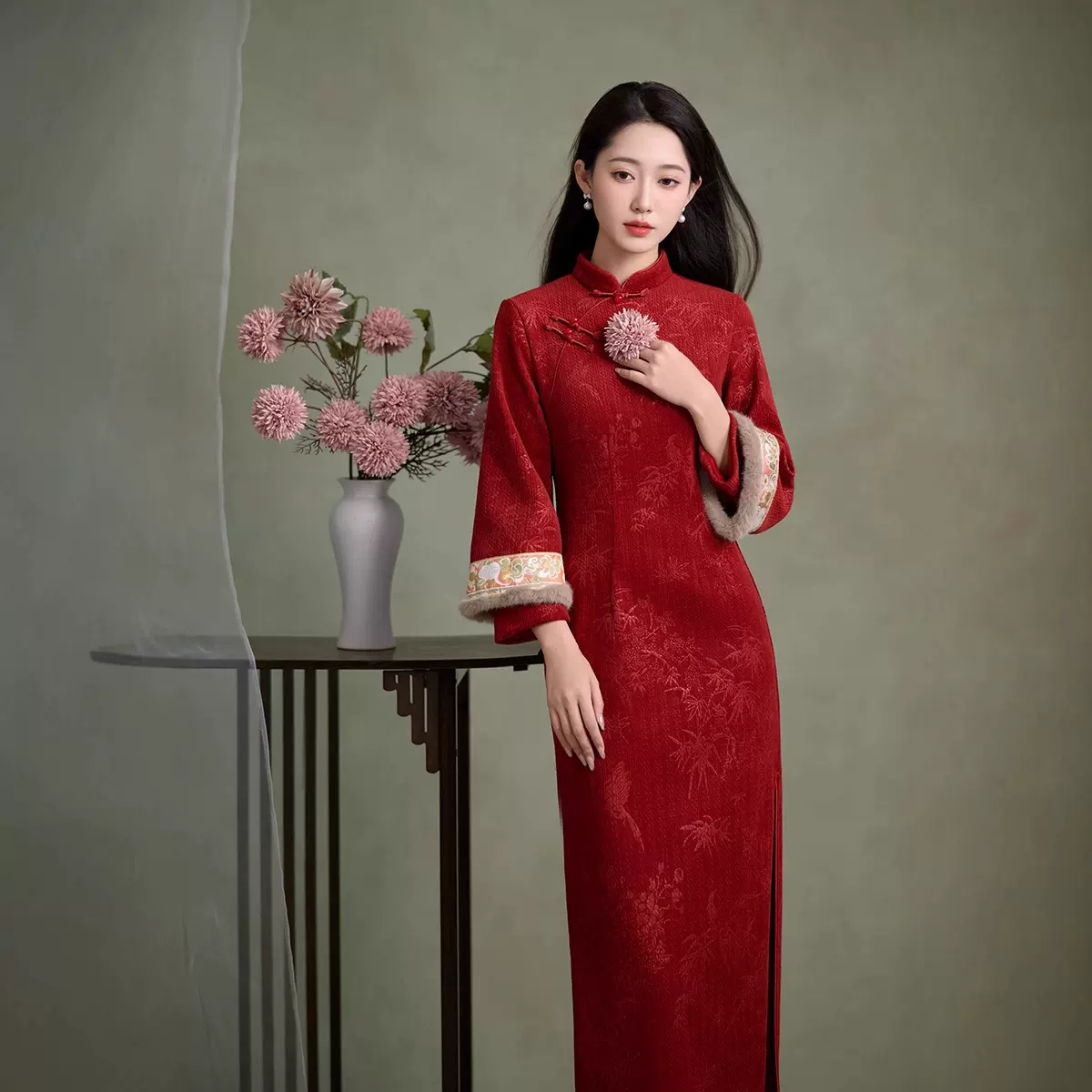 红色旗袍女新中式冬装加绒结婚订婚礼服裙敬酒服新娘秋冬季国风