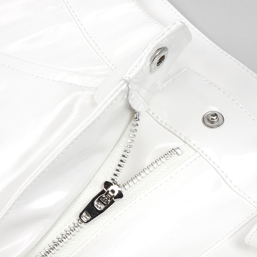 Blusa blanca de encaje elástico bajo con cuello de encaje, pantalones abiertos de cuero sintético con aberturas, conjunto sexy elástico de dos piezas, traje informal