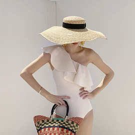 韩版连体泳衣女性感三角白色单肩简约遮肚显瘦小胸温泉度假游泳衣