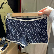 BM风 新款美式藏青色花边华夫格碎花短裤女bm辣妹修身热裤