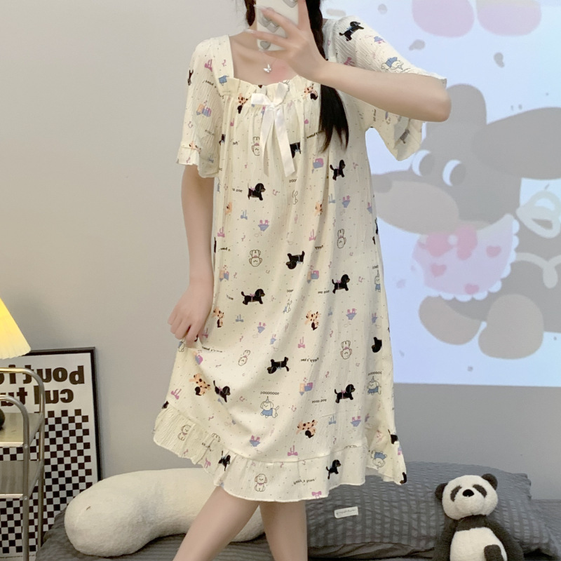 Princesa viento pijama de verano mujer tela de algodón gancho vestido de pijama de mangas cortas suelto tamaño más grande 200 kg se puede usar ropa para el hogar