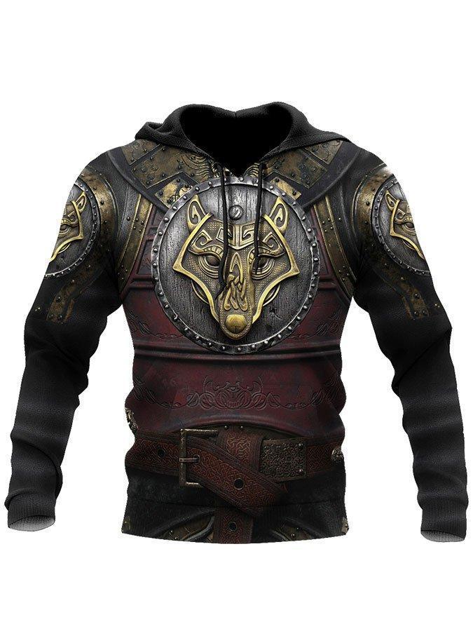 2024 Europa y América Primavera y otoño Moda nuevos hombres Viking Myth Series Cool Armor Print 3D Sudadera con capucha