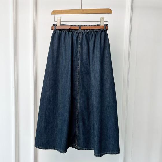 2023autumn retro dark blue Denim skirt women's high waist casual single-breasted A- line skirt with belt