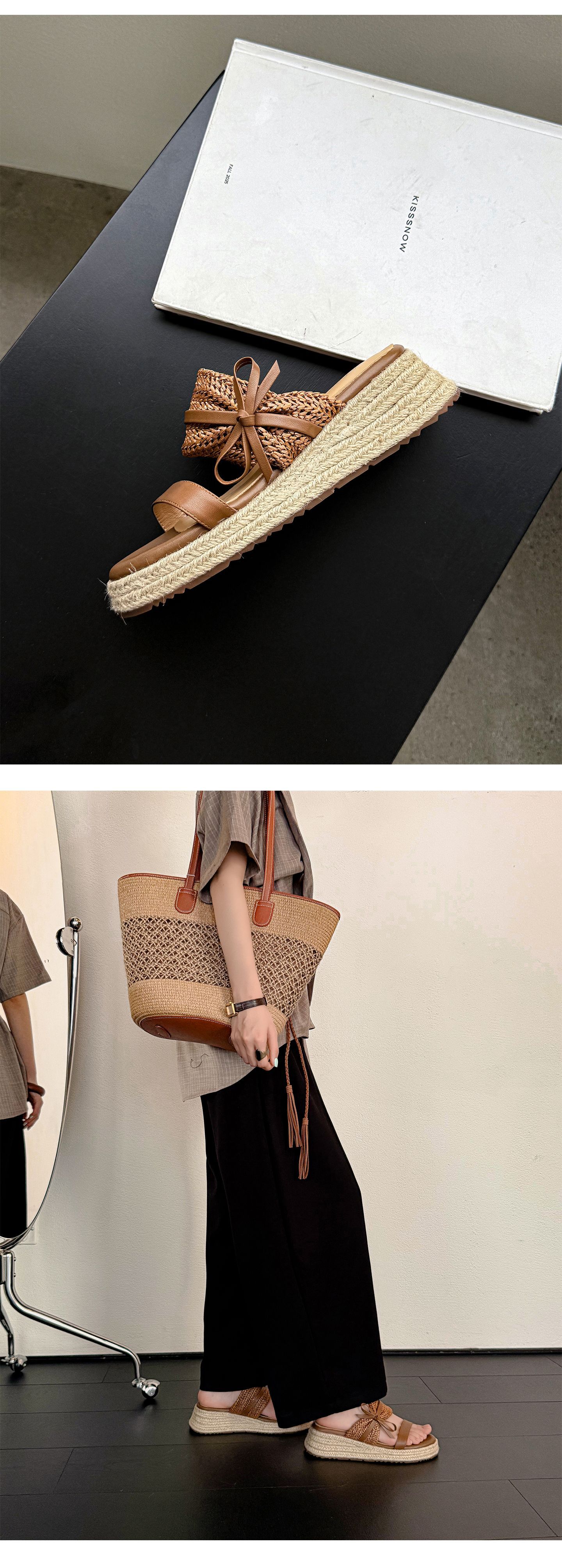 Dép sandal xỏ ngón nữ đế đan rơm cao gót nơ bướm — màu nâu, màu trắng ngà chi tiết 14