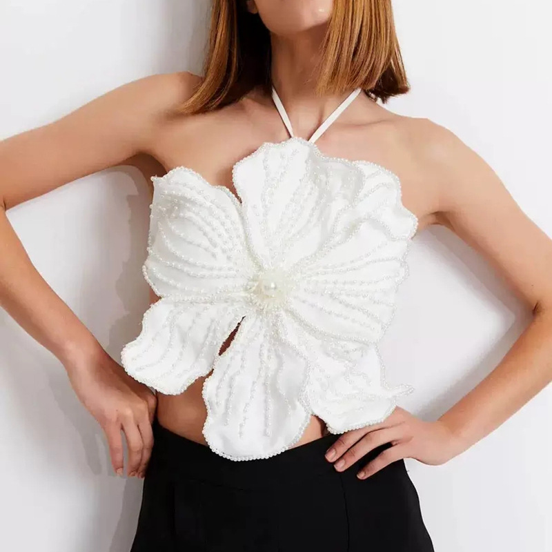 Women's Clothing 2024 Spring and Summer New Sexy Pearl Inlaid Three Dimensional Flower Splicing Design Halter Neck Tube Top Lace up Top for Women_voghion.com