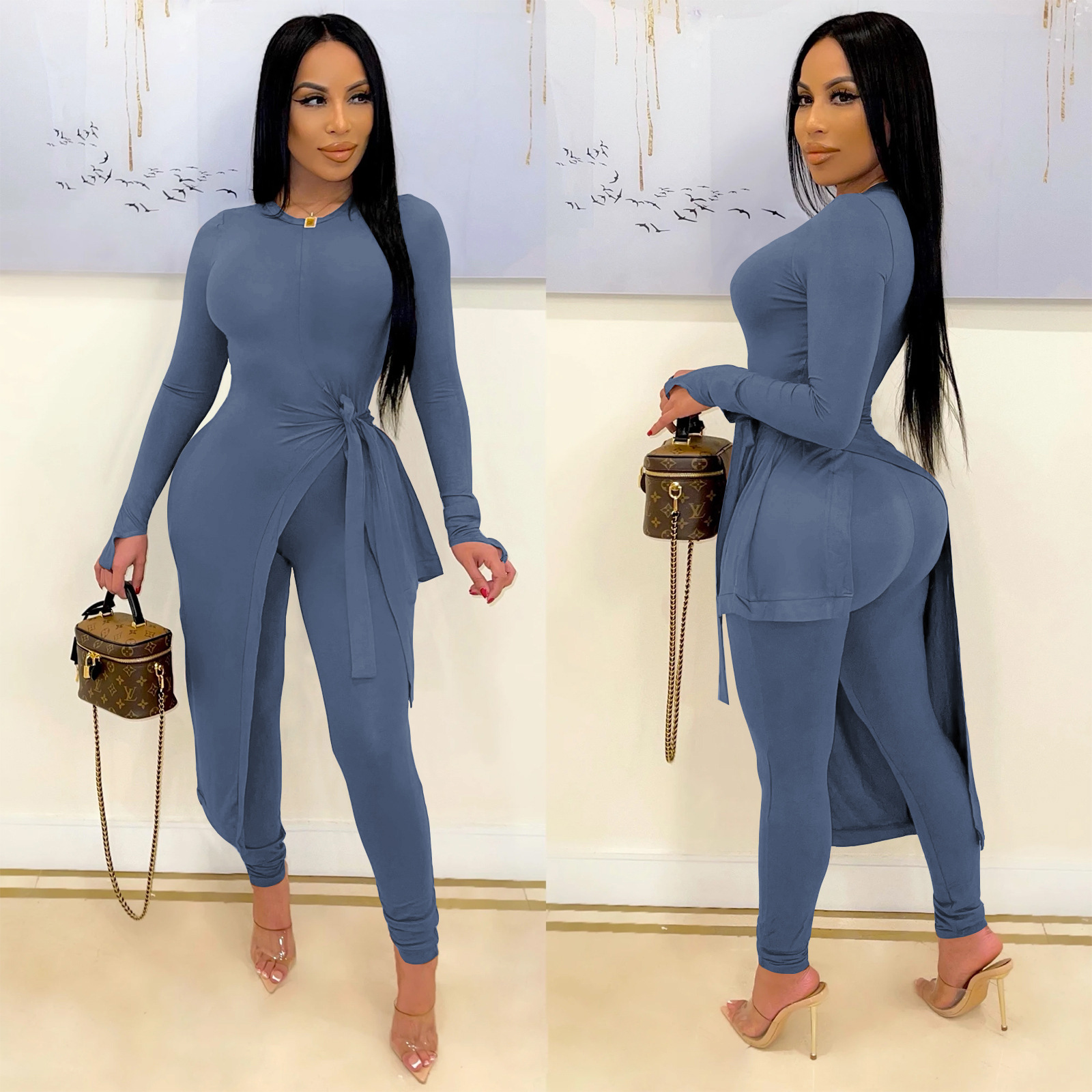 Solid Color Long-Sleeved Irregular Top Trousers Top NSSZC111539