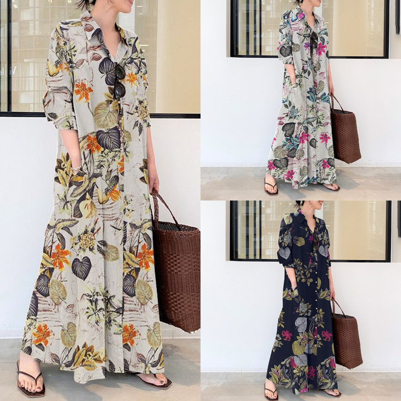2026 New Style Shirt Dress Long-Sleeve Cotton-Linen Printed Japanese-Style Turn-Down Collar Simple Loose Casual Long Shirt Dress