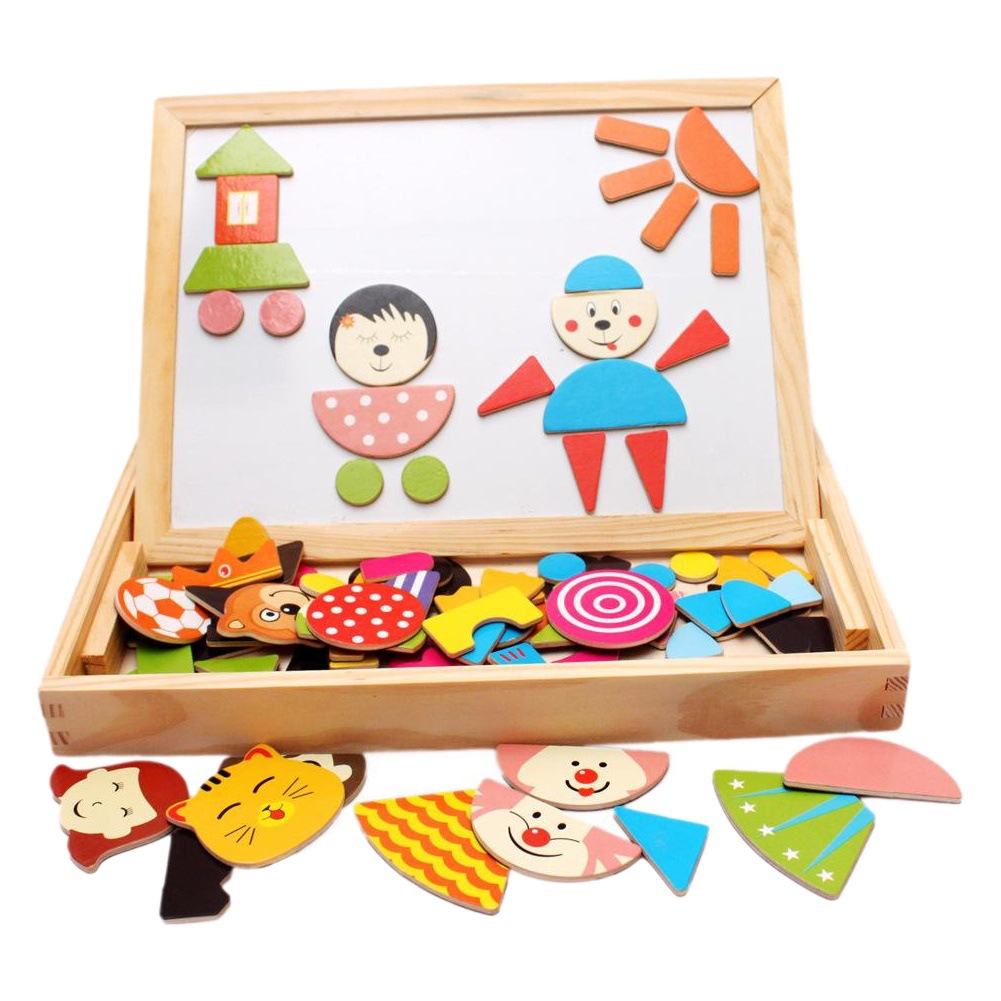 Rompecabezas infantil transfronterizo multi-funcional rompecabezas magnético de doble cara tablero de dibujo escena animal de madera rompecabezas juguete al por mayor