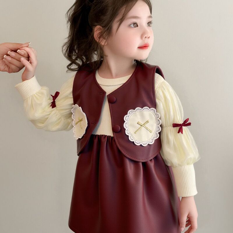 Girls' 2026 Spring and Autumn Fashionable Leather Outfit Set for School Season, Two-Piece Set with Children's Vest and Leather Skirt, Western Leather Cowboy Style