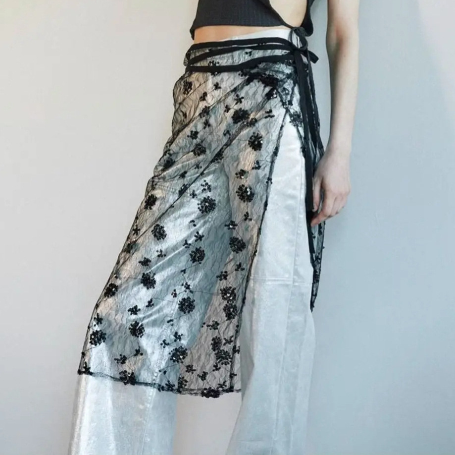 Lace-Trimmed Multi-Layer Novel Fashionable Irregular Strap Niche Design All-Match Sequin Black and White Skirt