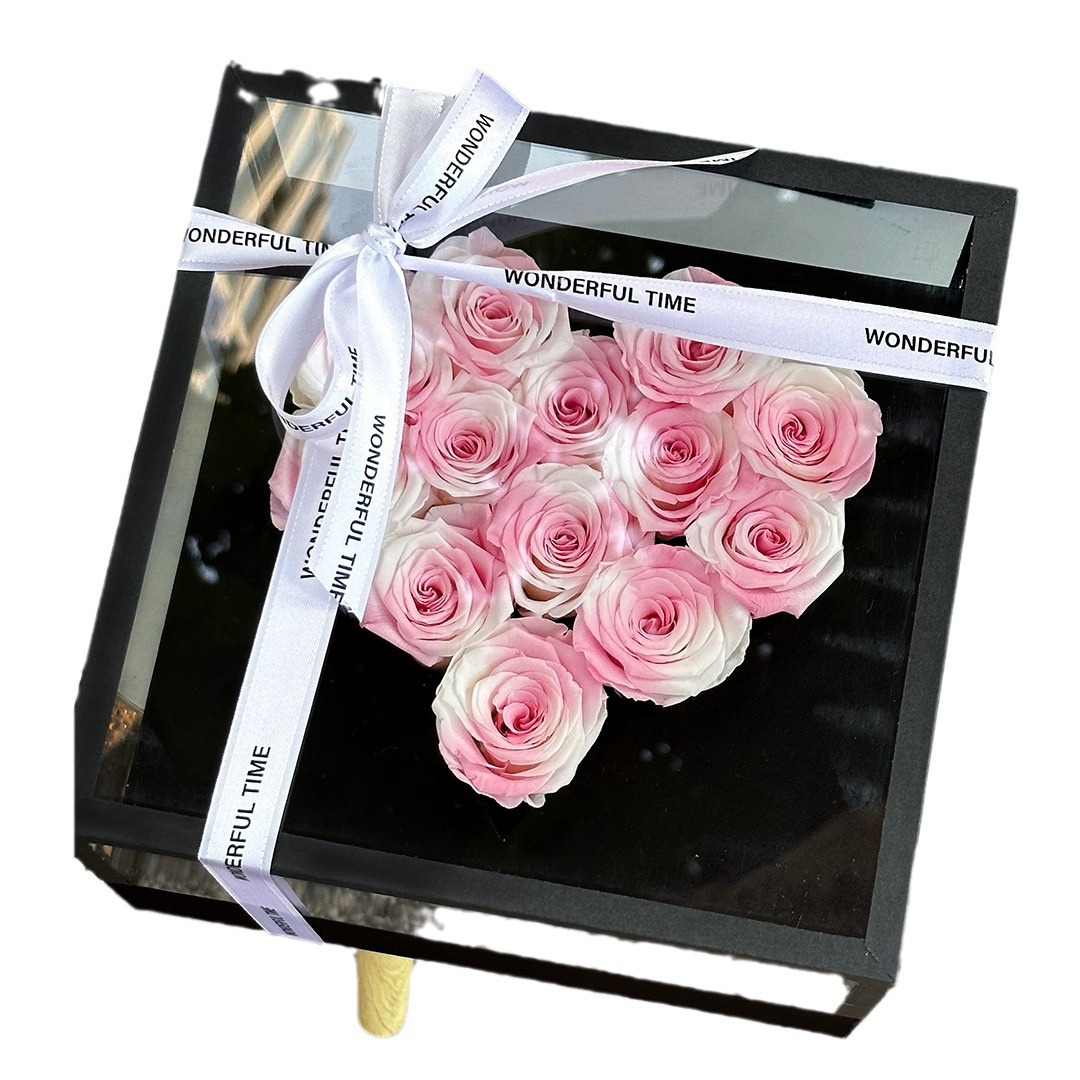 Flor eterna rosa en forma de corazón caja de regalo decoración cubierta de vidrio acrílico para novia regalo de cumpleaños Día de San Valentín