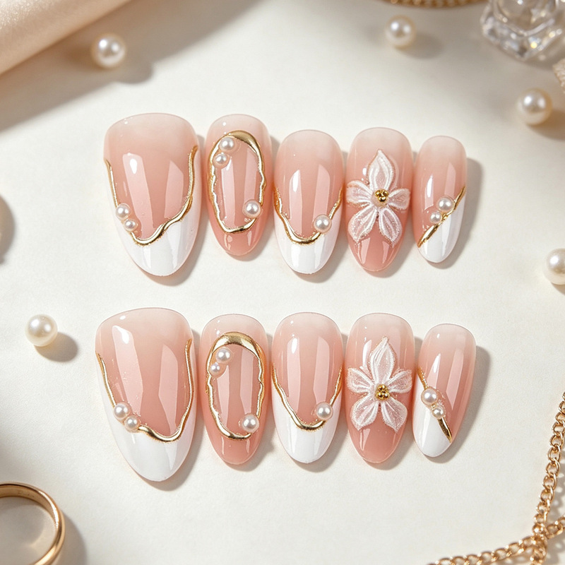 30 pieces of cross-border best-selling 3D three-dimensional flower almond-shaped press-on nails with sweet gold-plated pearls and hand-applied rhinestones, wholesale