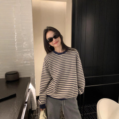 pusumede 撞色条纹 圆领套头卫衣女韩系复古休闲慵懒宽松长袖上衣