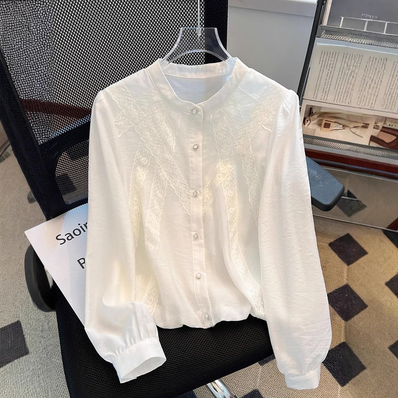 French White Shirt Women's High-end Spring 2025 New Super-looking Lace Long-sleeved Beautiful Small Shirt Top