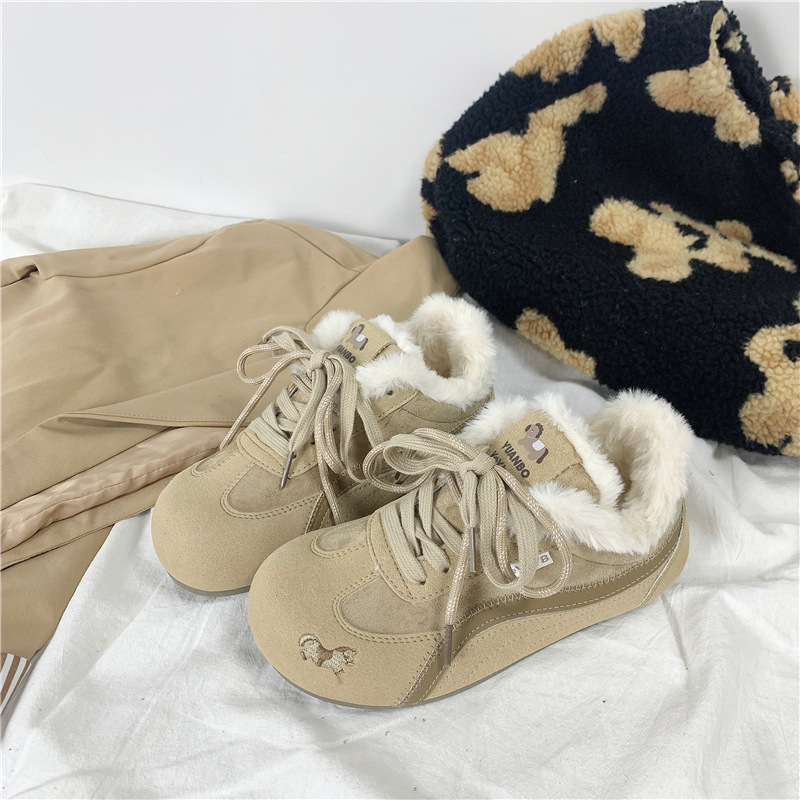 冬女鞋加绒板鞋女保暖棉鞋小众毛毛阿甘鞋显脚小德训鞋远波2207M
